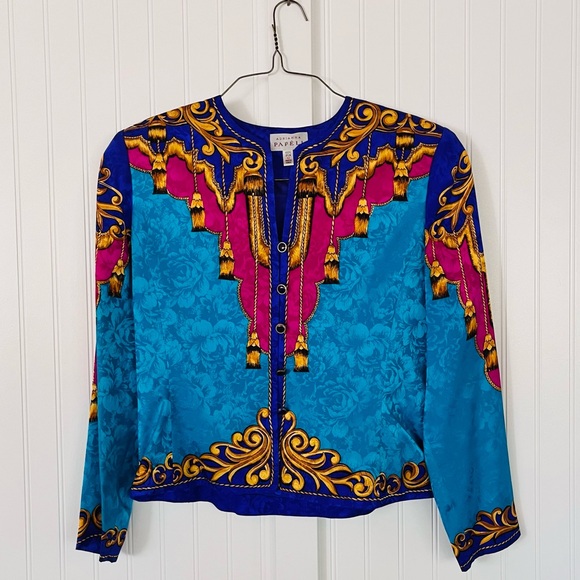 Vintage Silk Flashy 80's Blouse Shoulder Pads Versace Style Purple Teal Size 12 - Picture 1 of 8